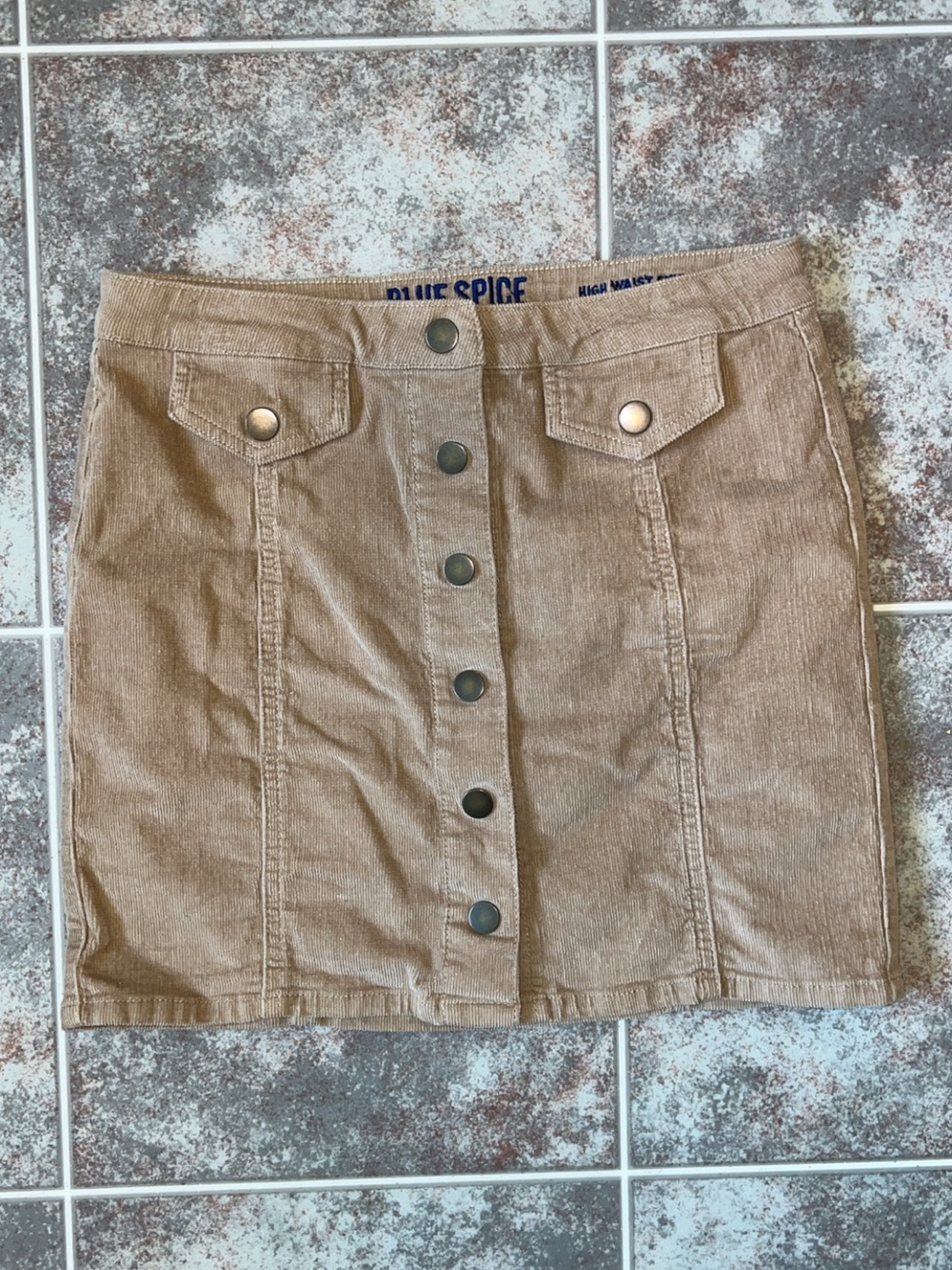 Blue Spice Premium High Waist Corduroy Mini Skirt Tan Button Front Size 7 - Picture 3 of 4